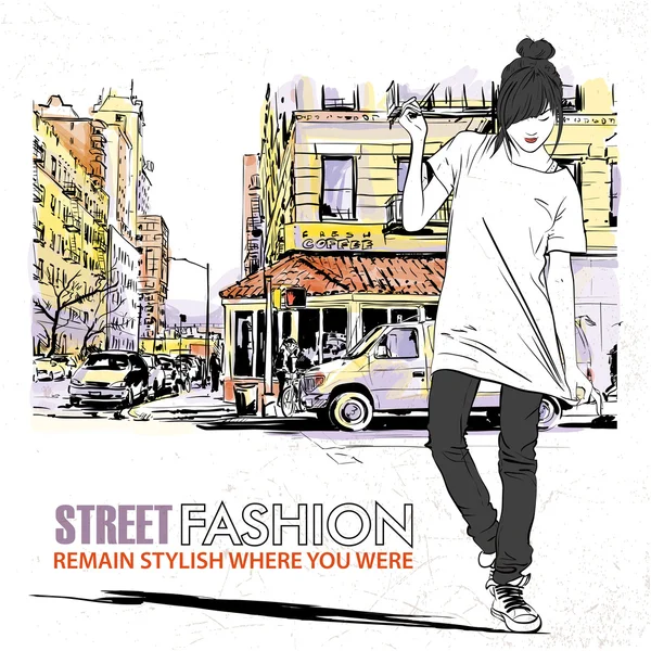 Fashion meisje op een straat achtergrond — Stockvector