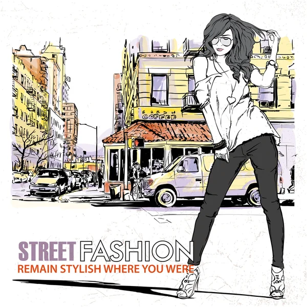 Fashion meisje op een straat achtergrond — Stockvector