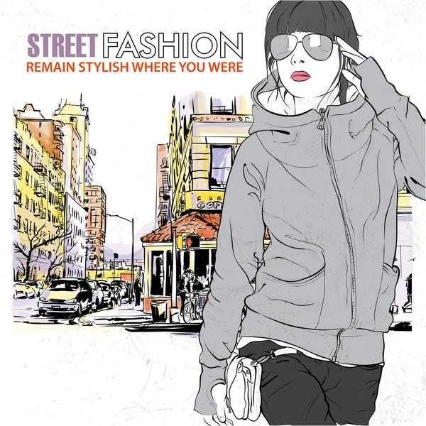Dziewczyna moda na tle ulicy — Wektor stockowy