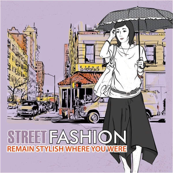 Mode Mädchen auf einer Straße Hintergrund — Stockvektor