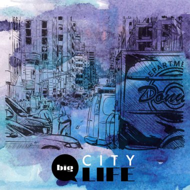 el ile cityscape çizimi sulu boya arka skeç tarzında çekilmiş.