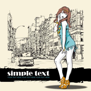 şirin moda kız sokak arka plan üzerinde