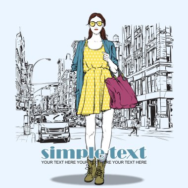 şirin moda kız sokak arka plan üzerinde