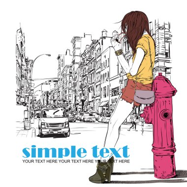 şirin moda kız sokak arka plan üzerinde