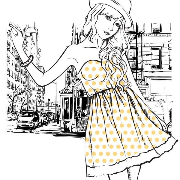 Дівчина моди мило на вулиці фоні — Stockvector