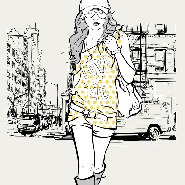 Niedliche Mode Mädchen auf der Straße Hintergrund — Stockvektor