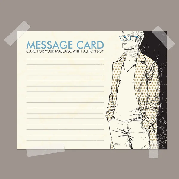 粘着テープで固定スタイリッシュな男とのメッセージ カード — ストックベクタ