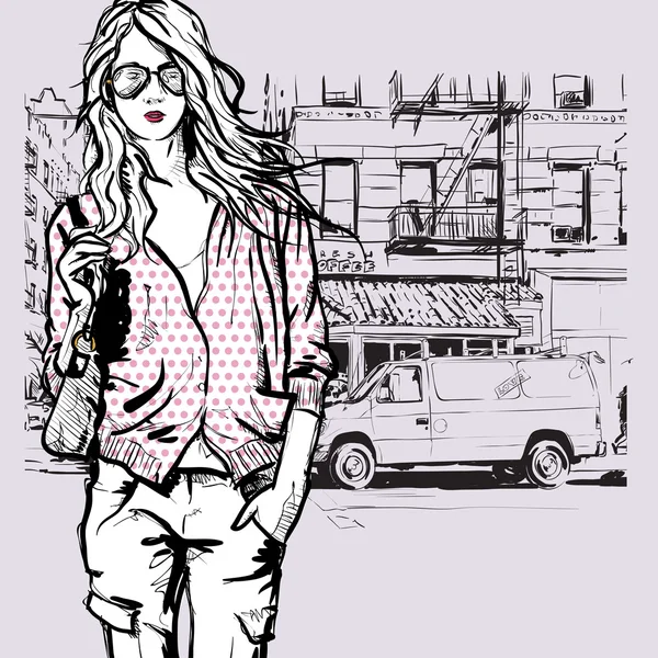Cute fashion girl on street background — Stock Vector