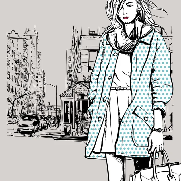 Linda chica de moda en el fondo de la calle — Vector de stock