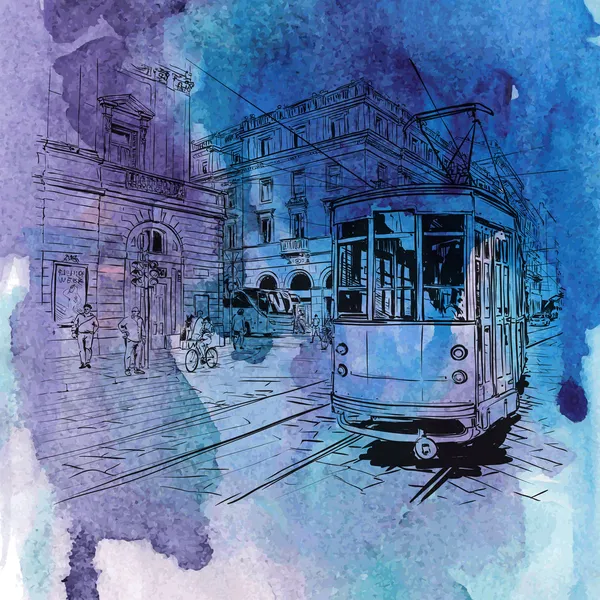 Fond aquarelle dessiné à la main avec illustration de vieux tramway dans le style croquis — Image vectorielle