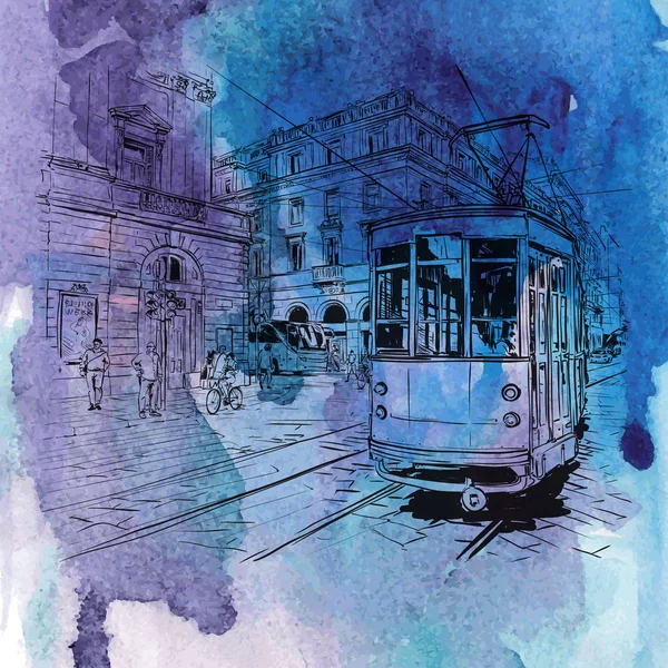 Fond aquarelle dessiné à la main avec illustration de vieux tramway dans le style croquis — Image vectorielle