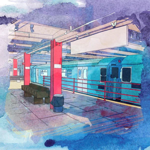 Fondo acuarela dibujado a mano con ilustración del metro en estilo de boceto — Vector de stock