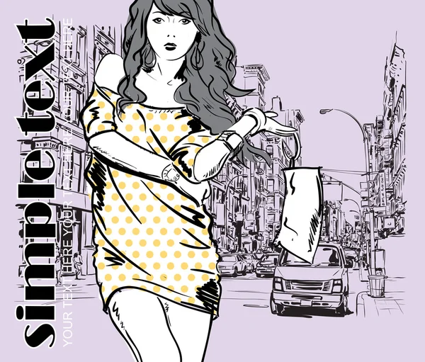 Schattig mode meisje op een straat achtergrond — Stockvector