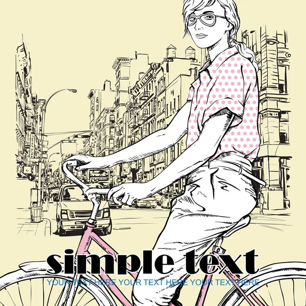 Chica bonita con bicicleta en un fondo de calle — Vector de stock