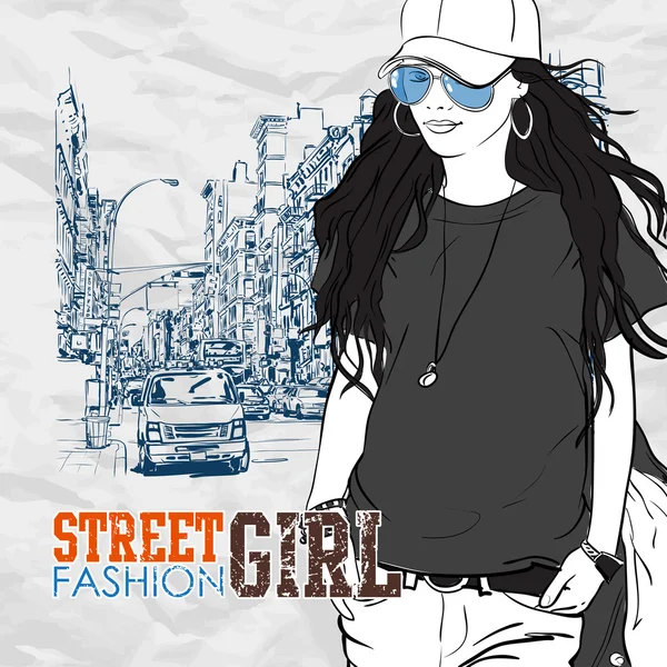 街道背景上女孩可爱时尚 — 图库矢量图片