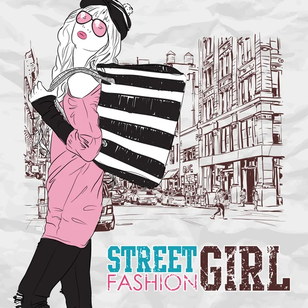 Moda dziewczyna na ulicy tle — Wektor stockowy
