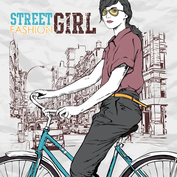 Söt flicka med cykel på gatan bakgrund — Stock vektor