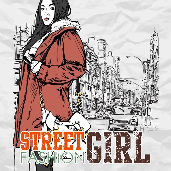 Belle fille sur un fond de rue — Image vectorielle
