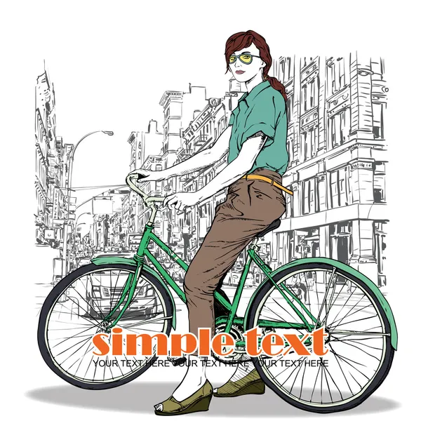 Pretty girl with bicycle on a street background — Stock Vector