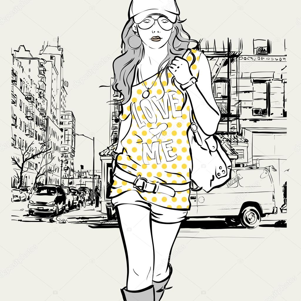 Cute fashion girl on street background