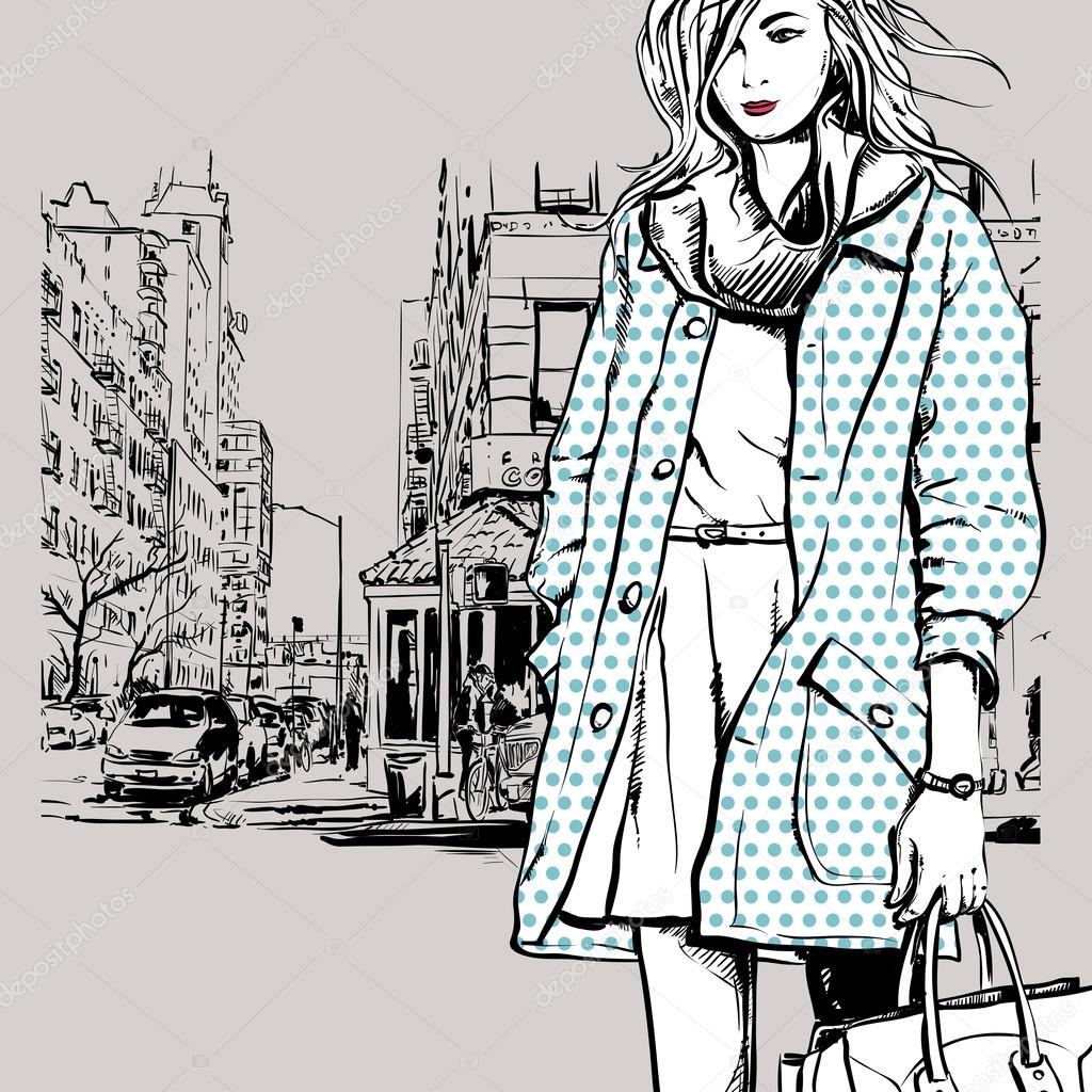 Cute fashion girl on street background