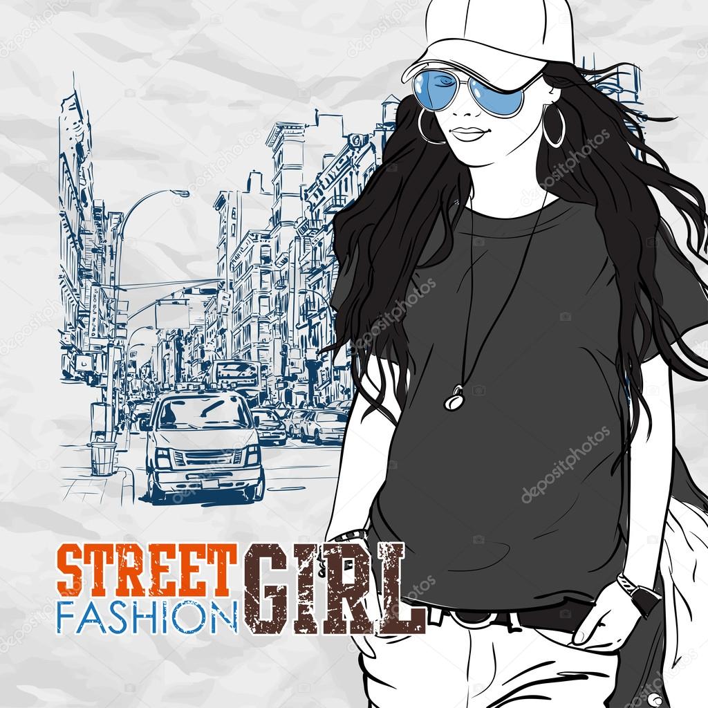 Cute fashion girl on a street background
