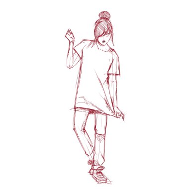 moda güzel kızın kroki tarzı çizim el