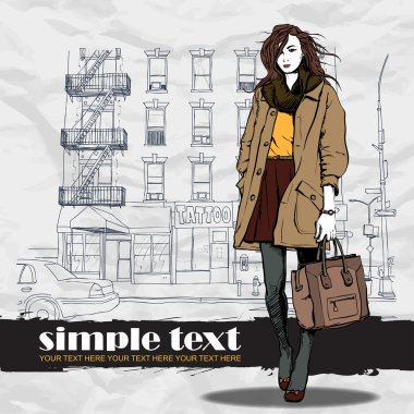 şirin moda kız sokak arka plan üzerinde