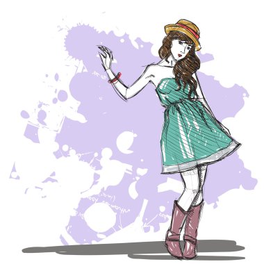 moda güzel kızın kroki tarzı çizim el