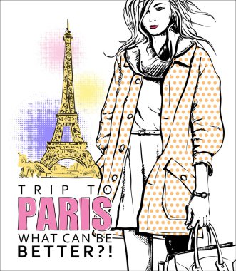 Güzel kış kız kroki-tarzı bir Eyfel Kulesi arka planda