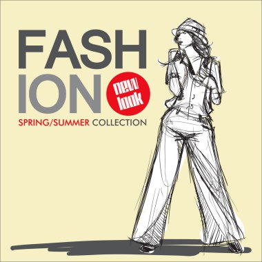 Kroki tarzı moda güzel kız ile çizilmiş arka plan el