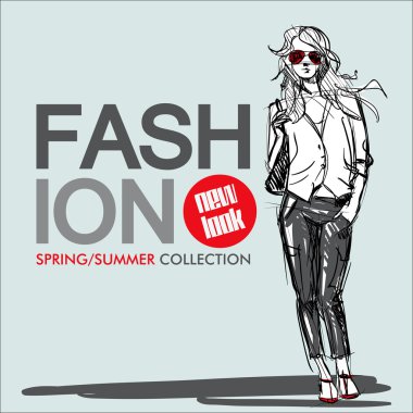 Kroki tarzı moda güzel kız ile çizilmiş arka plan el