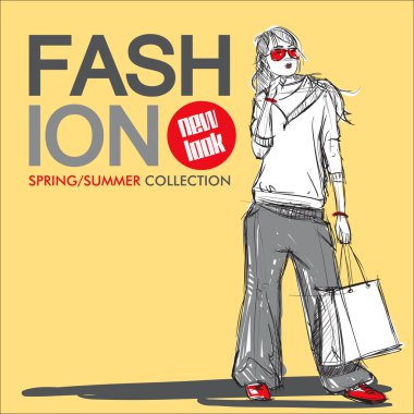 Kroki tarzı moda güzel kız ile çizilmiş arka plan el