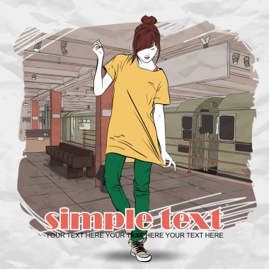 güzel genç kız kroki tarzı bir metro istasyonu