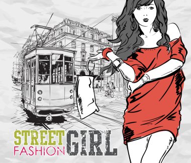 eski tramvay ve kız moda vektörel çizimi.