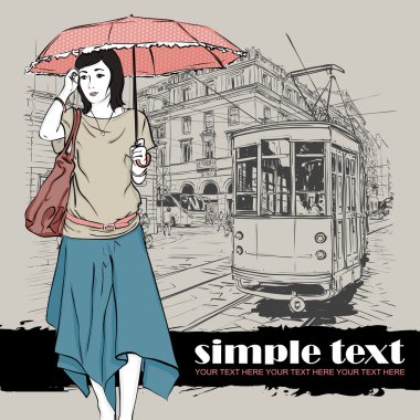 moda güzel kız ve eski tramvay vektör çizimi