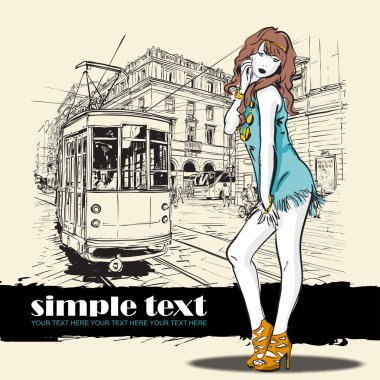 moda güzel kız ve eski tramvay vektör çizimi