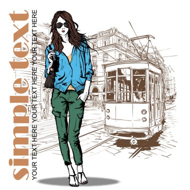 moda güzel kız ve eski tramvay vektör çizimi