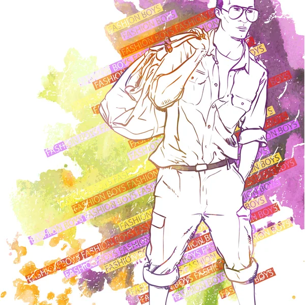 Hand dras akvarell bakgrunden med illustration av snygg kille i skiss stil — Stock vektor