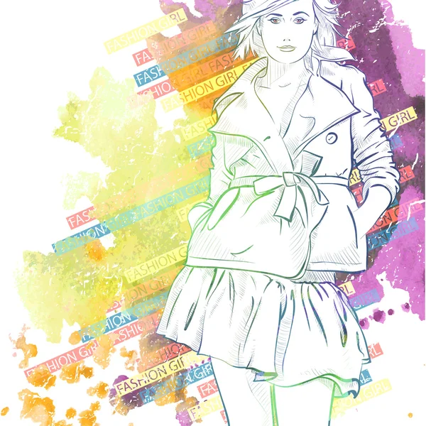 Akvarell bakgrunden med illustration av söt flicka i skiss stil — Stock vektor