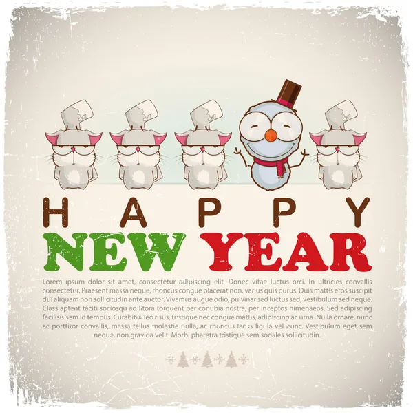 New Year greeting card with snowman and cats — Stock Vector