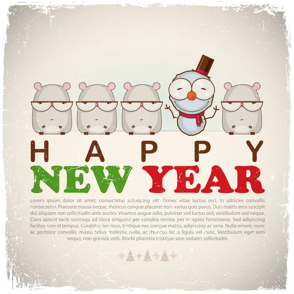 New Year greeting card with snowman and hamster — Stock Vector