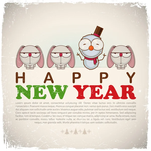 New Year greeting card with snowman and rabbits — Stock Vector