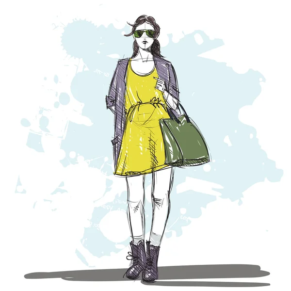 Desenho de mão de uma menina de moda bonita em estilo esboço — Vetor de Stock