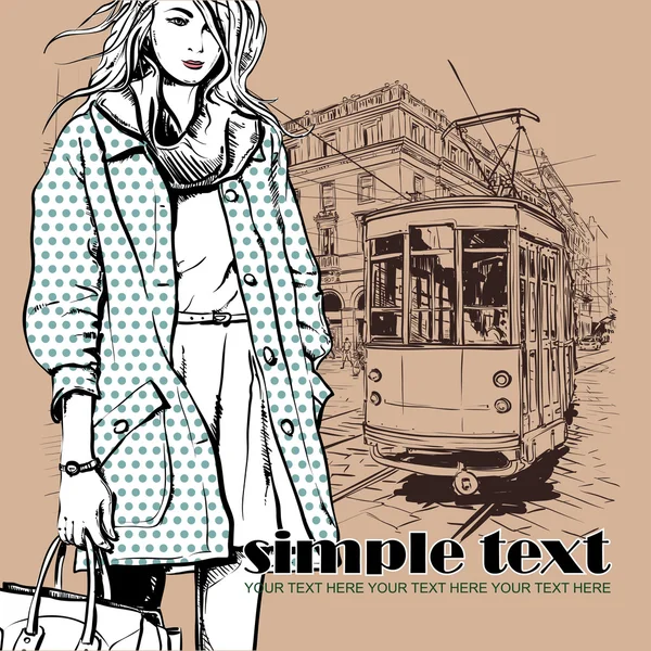 Vector illustration of a pretty fashion girl and old tram — Stock Vector