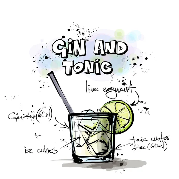 Illustration dessinée à la main du cocktail. GIN ET TONIQUE — Image vectorielle