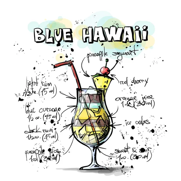 Elle çizilmiş kokteyl Illustration. Mavi Hawaii — Stok Vektör