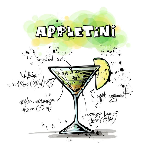 Hand drawn illustration of cocktail. APPLETINI — Stock Vector