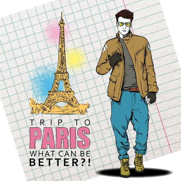Stylischer Kerl auf einem Eiffelturm-Hintergrund — Stockvektor