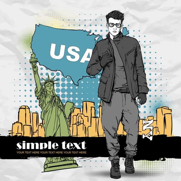 Stylish guy on a usa-background — Stock Vector